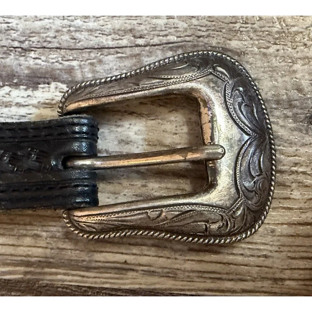 Vtg Vogt Black Leather Western Belt 46 Basketweave Tooled Silver Engraved Buckle